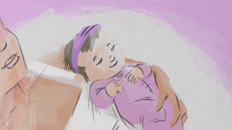 Thumbnail for ALKINDI SPRINKLE administration video for babies that is predominantly purple in color and designed in a painterly style. Mother is partially seen in the bottom left of the screen. She is holding a baby in her arms who is wearing a purple headband and onesie.