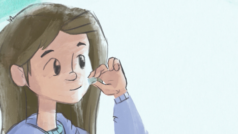 Thumbnail for ALKINDI SPRINKLE administration video for older children that uses predominantly cool colors and designed in a painterly style. Older girl is seen sitting pouring sprinkles from the ALKINDI SPRINKLE capsule directly into her mouth. She is wearing a green shirt with a purple hoodie on top.